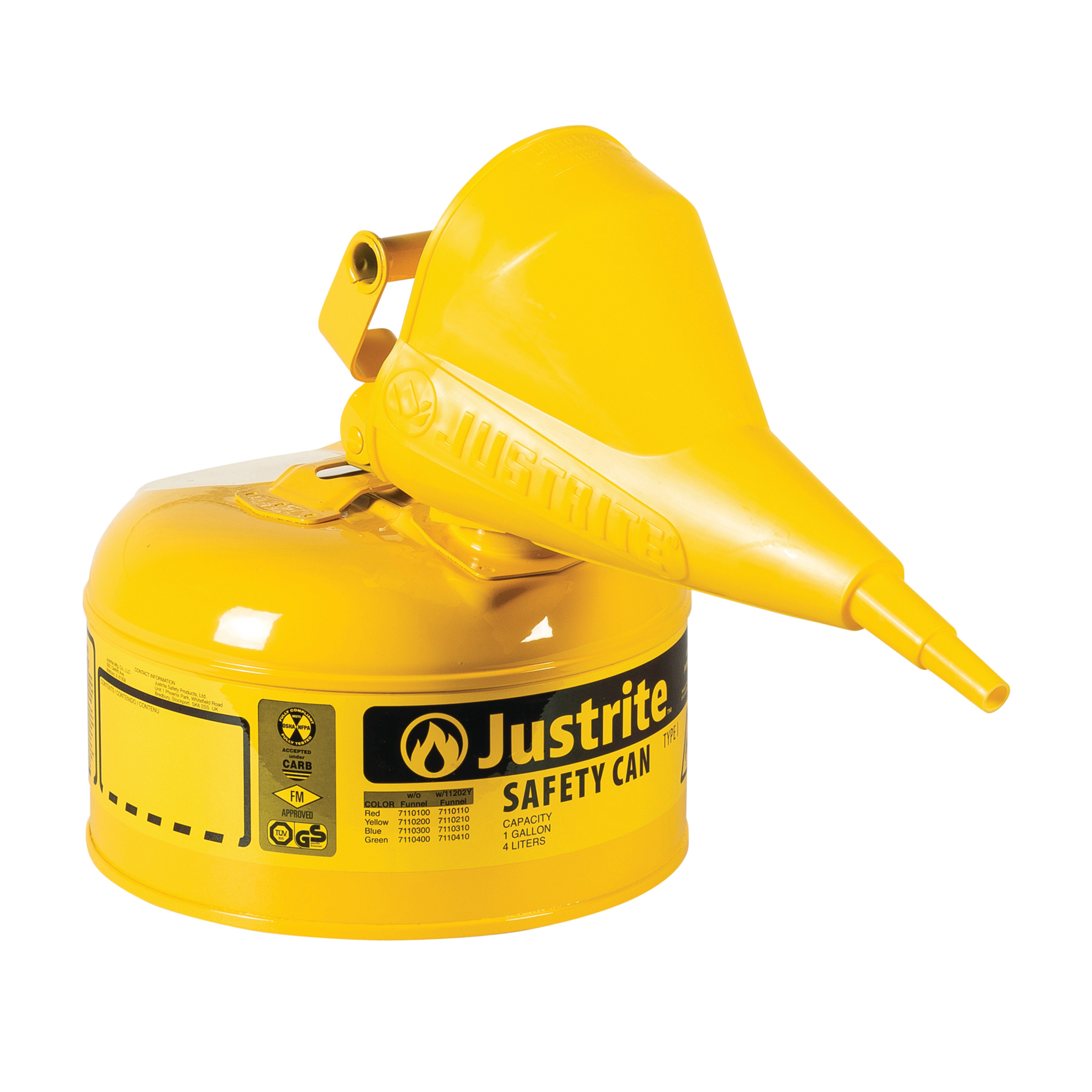 Justrite Swinging Handle Type 1 Safety Cans with Funnel Yellow - Spill Containment